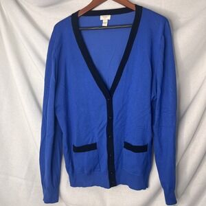 Vintage Style Blue Cardigan Black Trim Pockets Preppy Academia Old Money